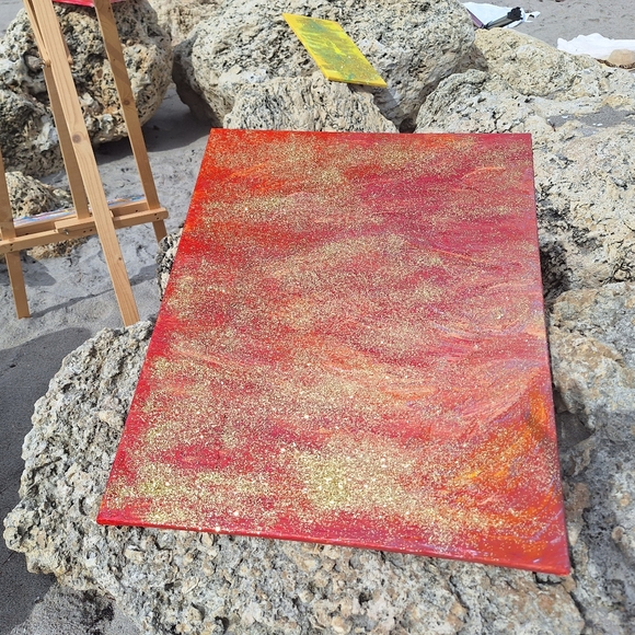 Acrylic Painting On Canvas Glowing Gold Red Sunset 24" x 30" - Picture 10 of 11